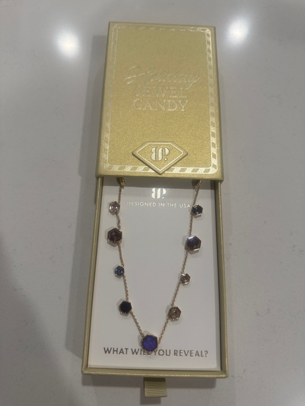 Holiday jewel candy -Hexagon Necklace with Purple and Neutral Stones